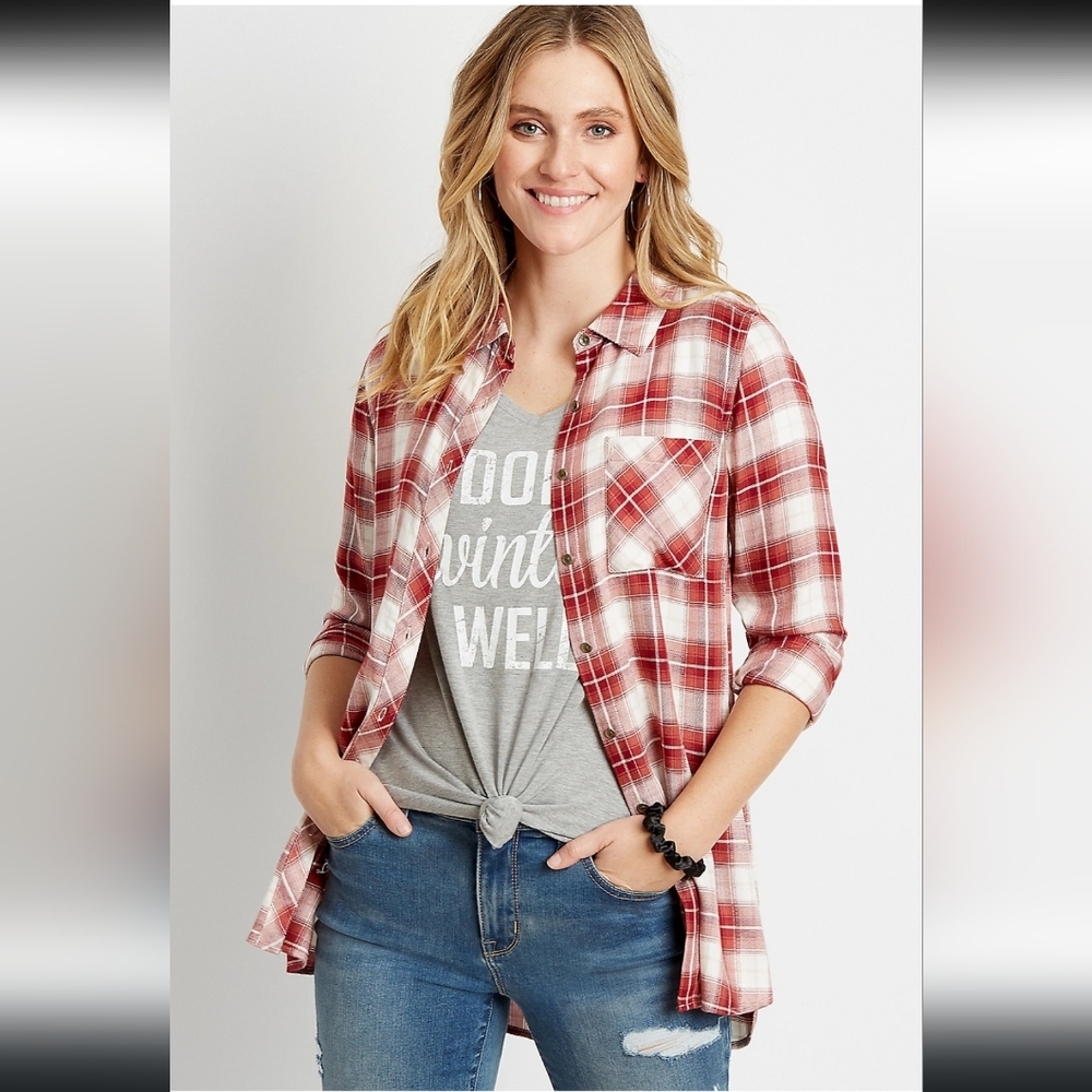 Maurices Burgundy Plaid Button Down Tunic Shirt Size 0X